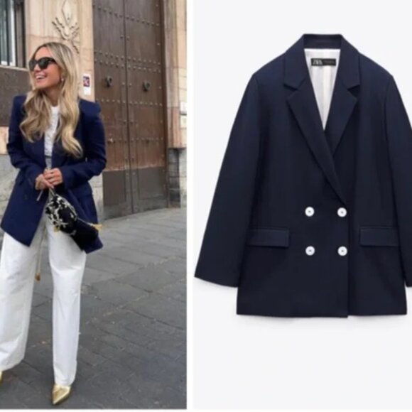 Zara Jackets & Blazers - ZARA NAVY BLUE DOUBLE BREASTED LONG MINIMALIST BLAZER JACKET Medium